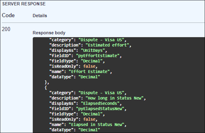 An API response lists the available metadata that can be pulled into Pega Process Mining.