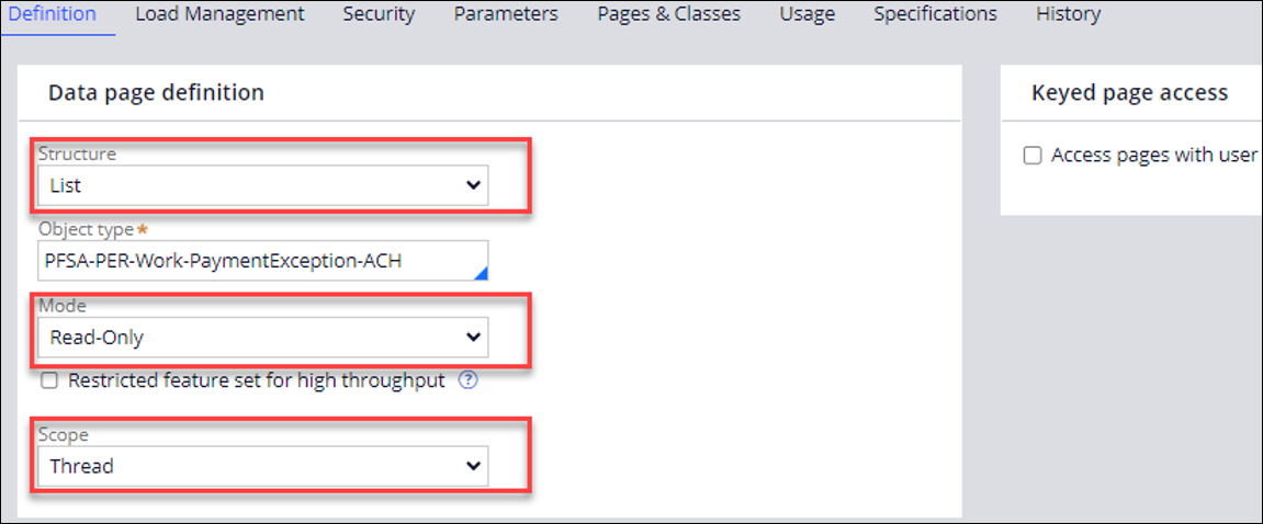 Data page definition section shows Structure is List, Mode is Read-Only, and Scope is Thread.