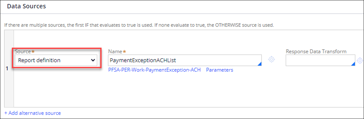 The Data source section shows Report definition selected in the Source list and an example name.