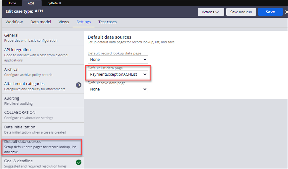 On Default data sources, shows an example value in the Default list data page drop-down list.