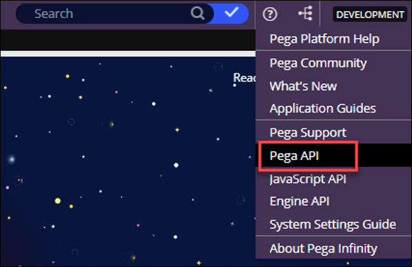 In the header of Dev Studio, clicking Resources displays the Pega API option.