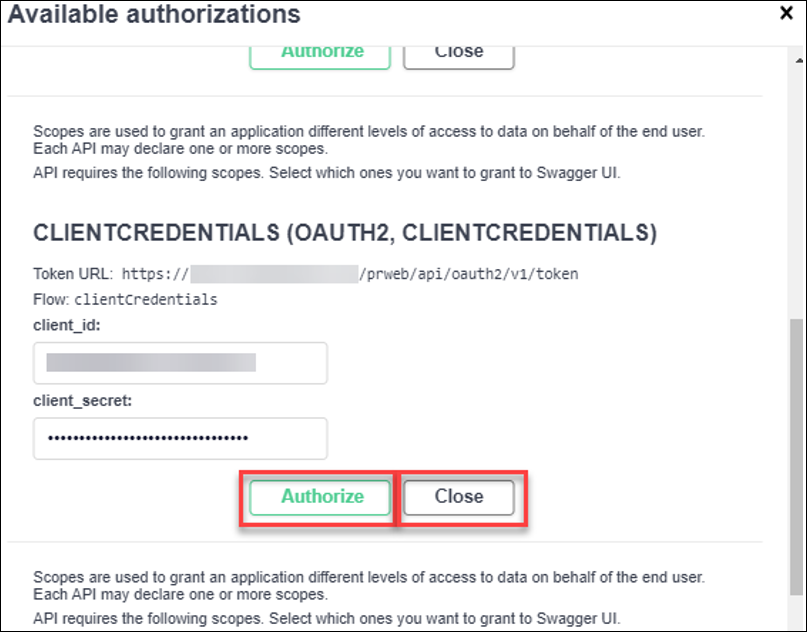 The Client Credentials section displays the Authorize button and Close button.