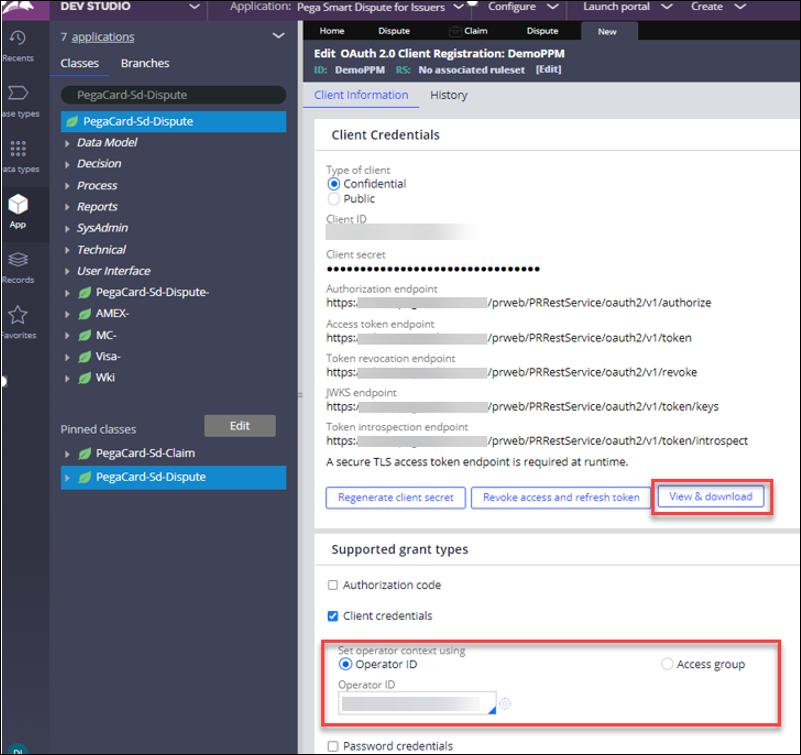 In the Edit Oauth 2.0 client registration page, define grant type and save the client credentials as a text file.