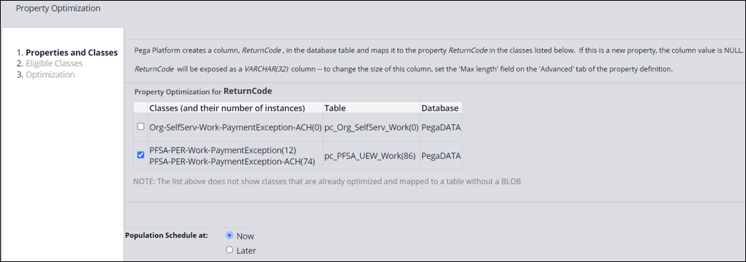 Property Optimization shows a checkbox selected for a table and Now selected for the Population Schedule at option.