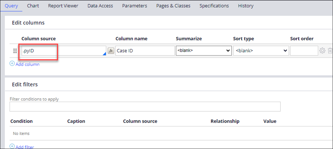 On the Query tab, the Column source field shows a selection of .pyID.