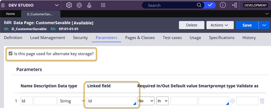 Figure 5 - Screenshot of the “alternate key storage” flag set to true and Id parameter mapped to Id field