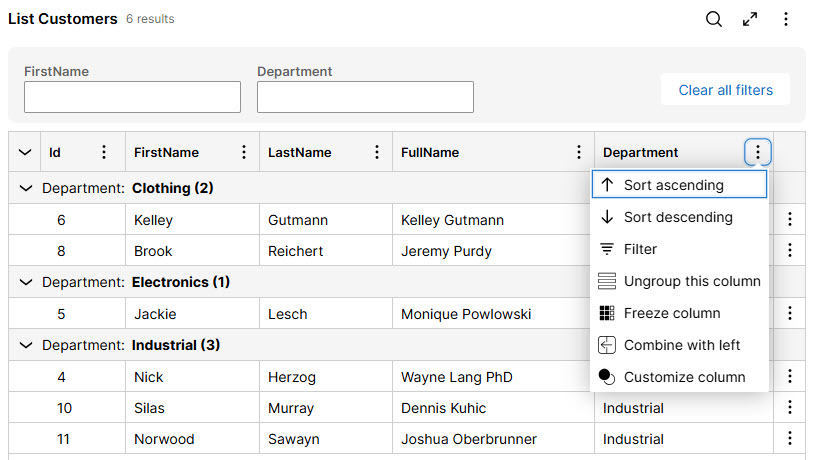 Figure 7 - Grouped, filtered and sorted table view
