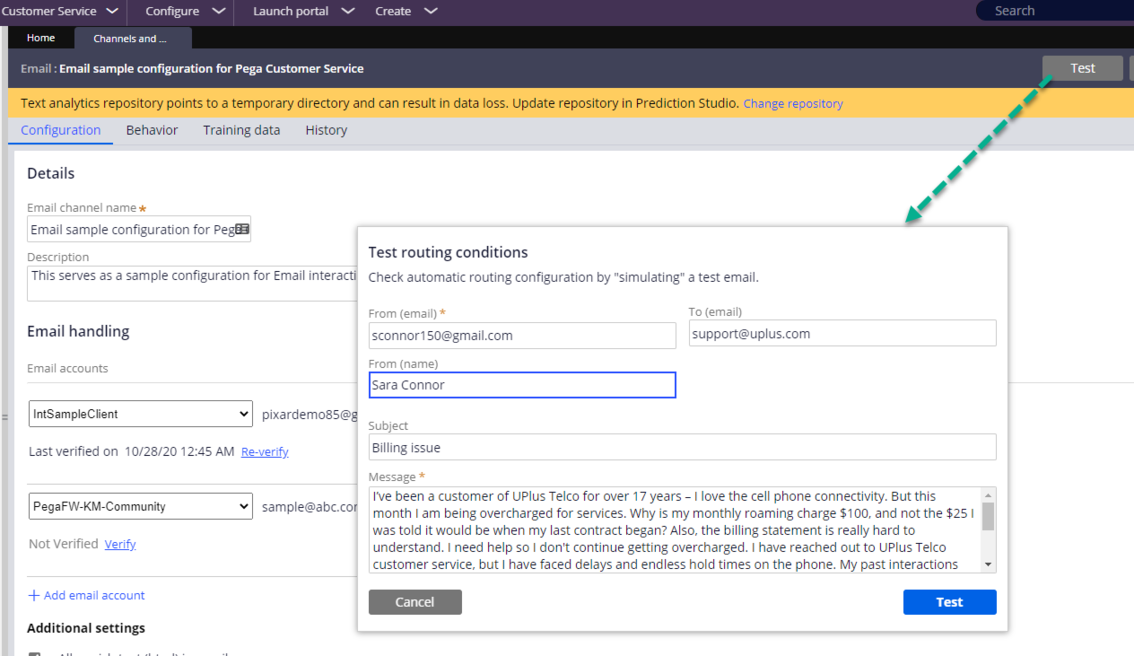 Test routing conditions window