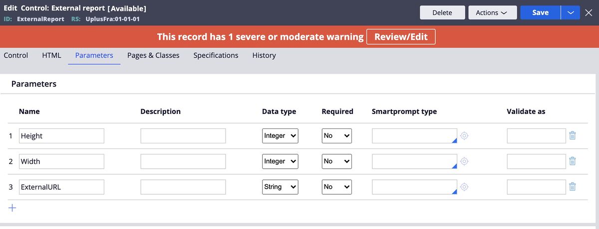 Filled in Parameters for a sample Control in Dev Studio