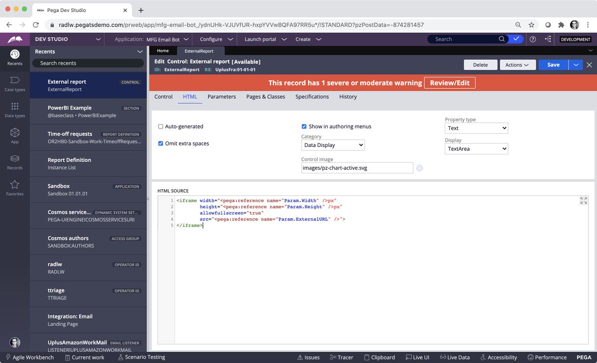 Filled in HTML attributes for a sample Control in Dev Studio