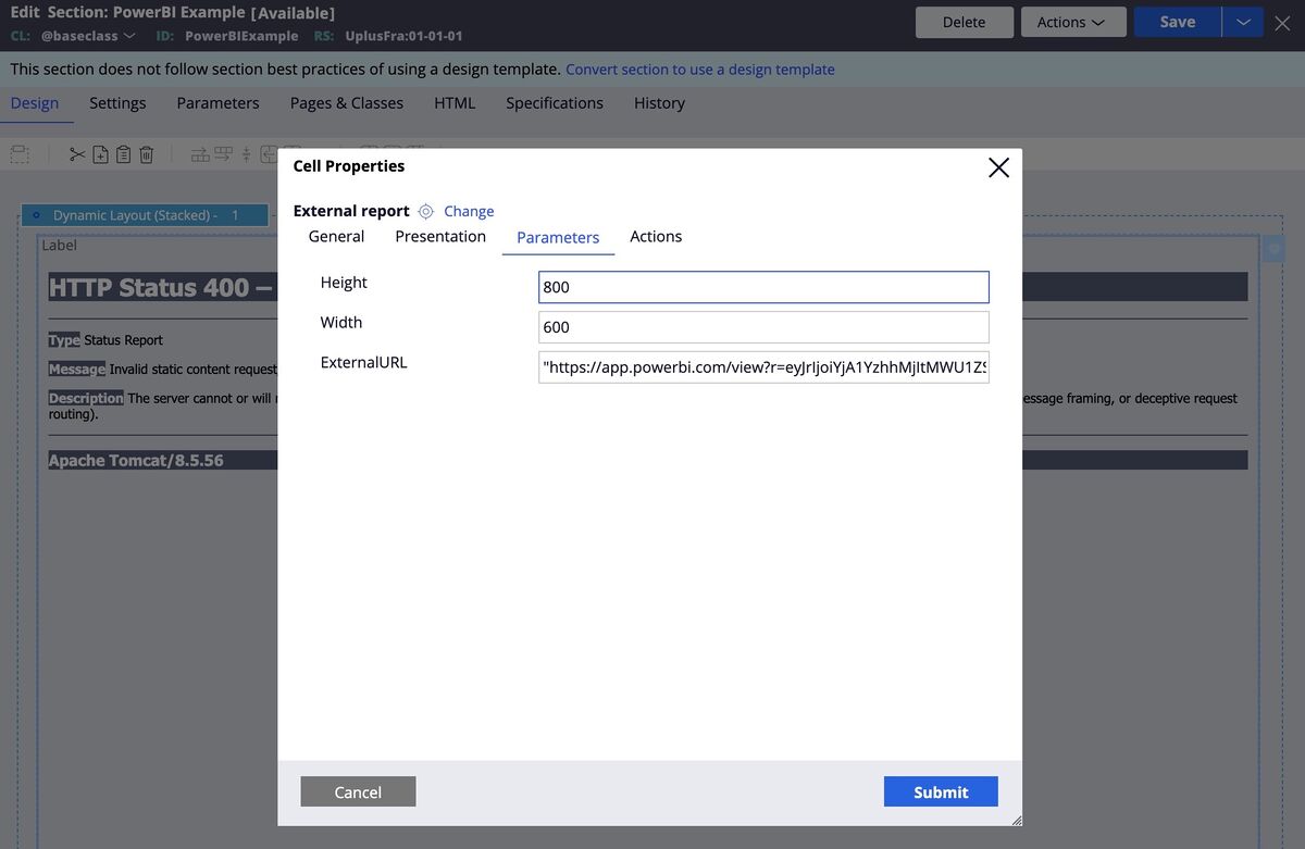 Filled in parameters for a sample report widget in Dev Studio