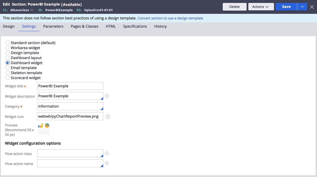 Filled in settings for a sample report widget in Dev Studio