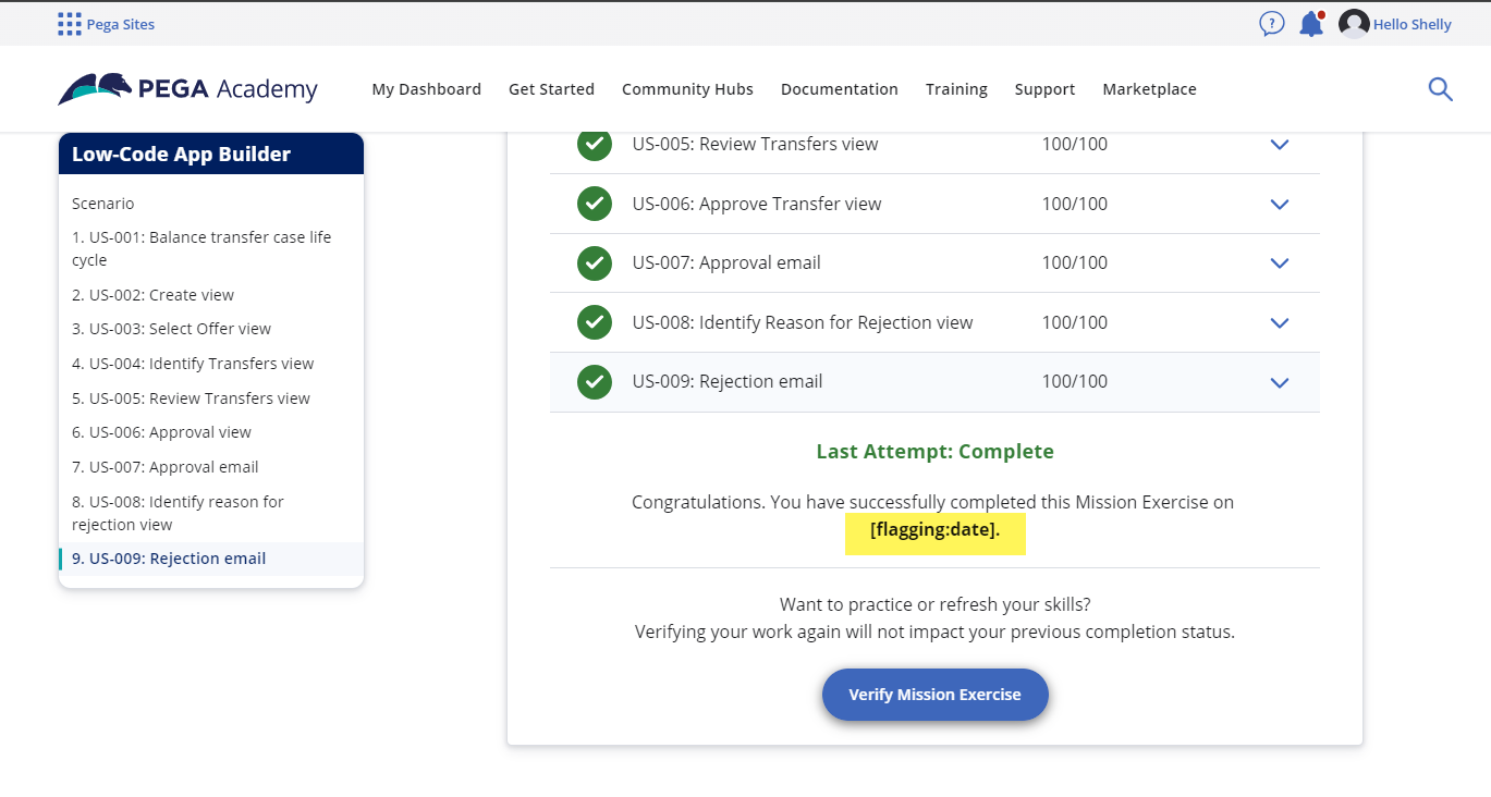 Screenshot of final exercise verification