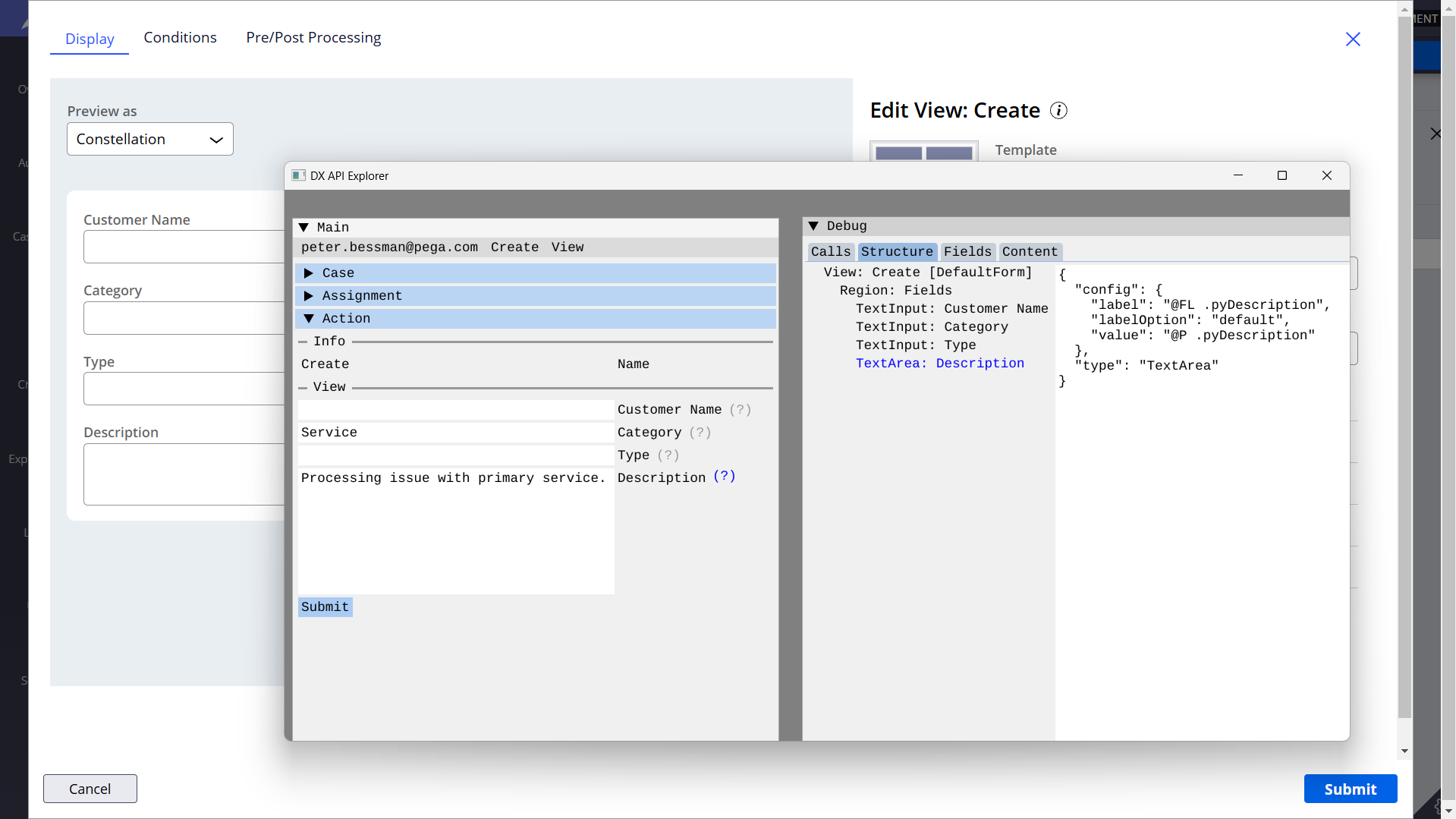 A screenshot of the DX API Explorer overlaid upon Pega App Studio