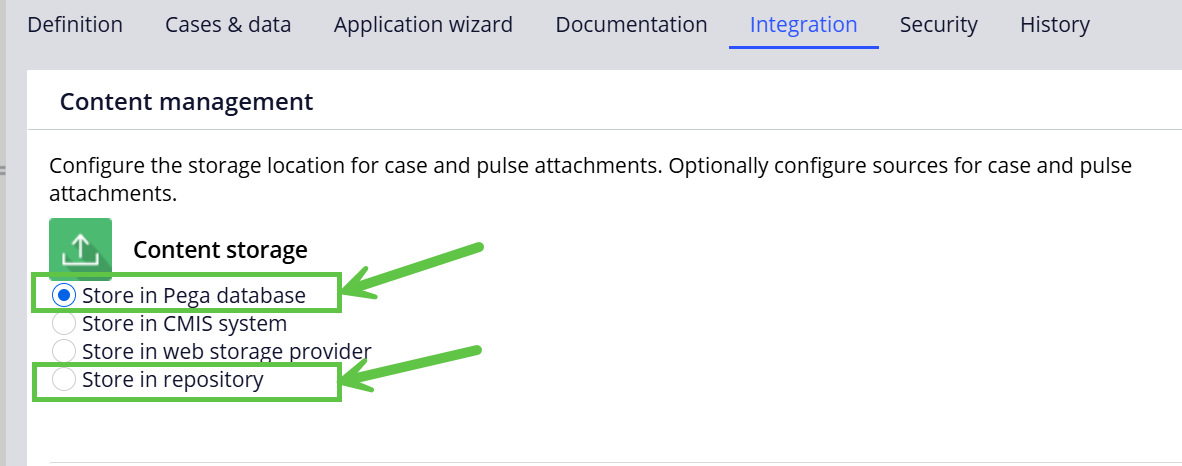 Content Storage setting in Application definition