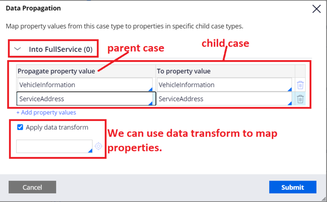 Data propagation map property values from parent to child