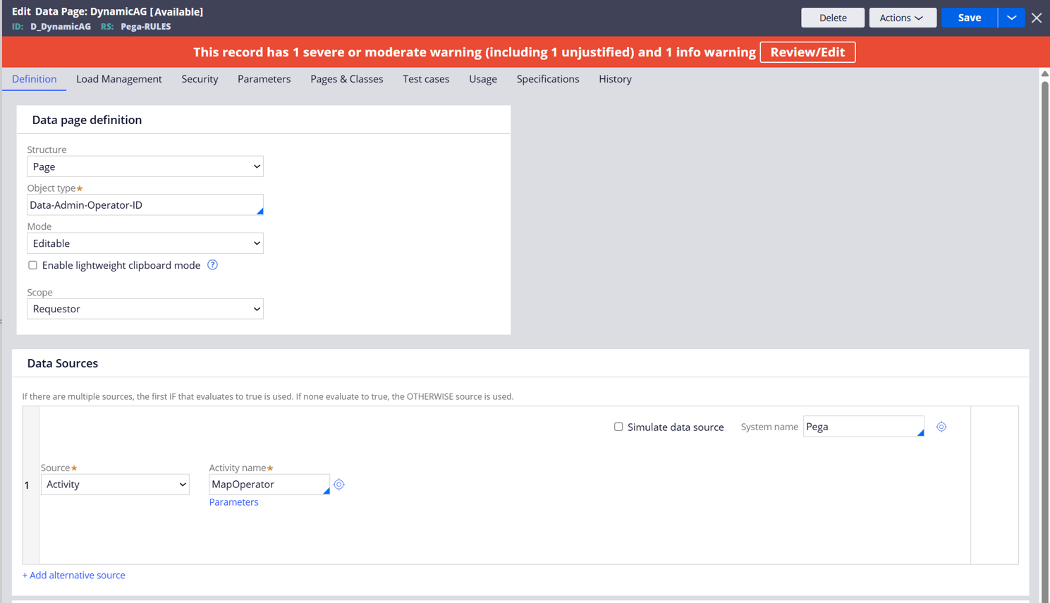 Sample Data Page using an activity