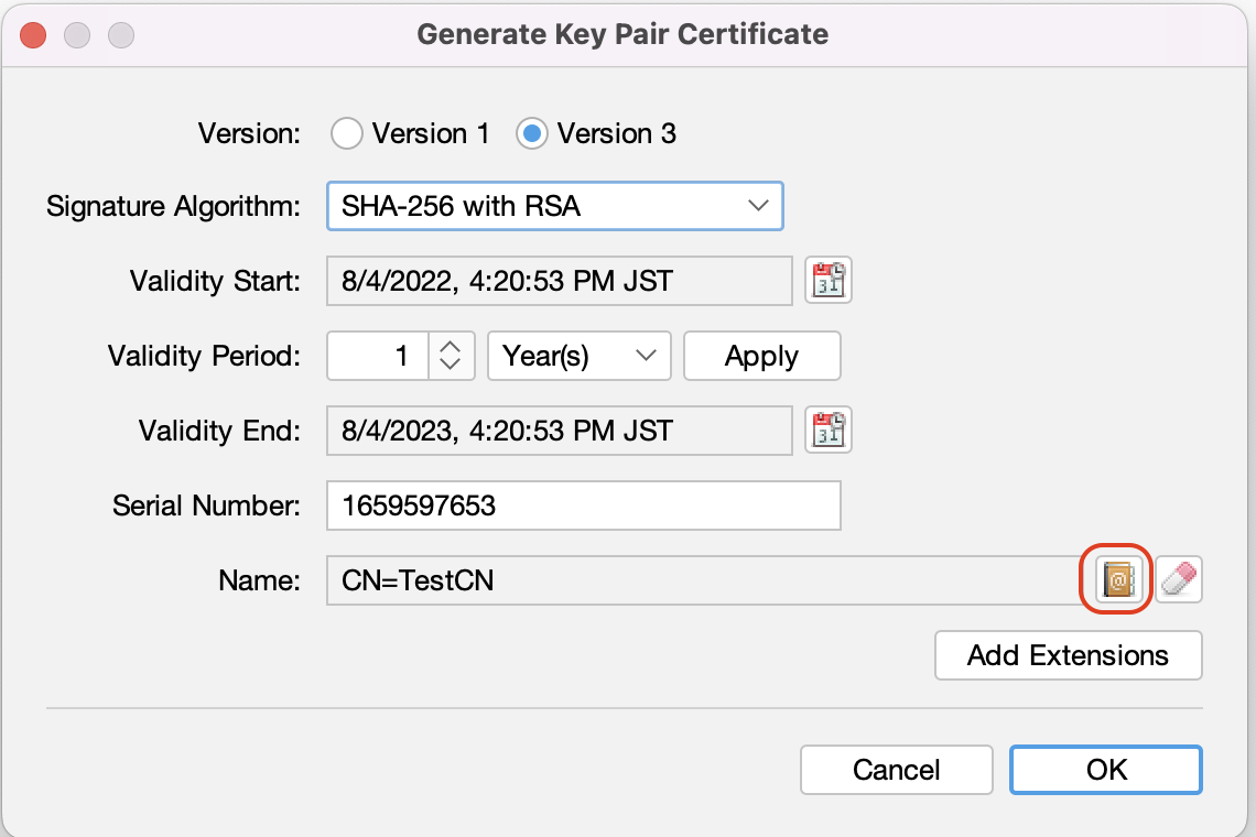 Generate key pair settings