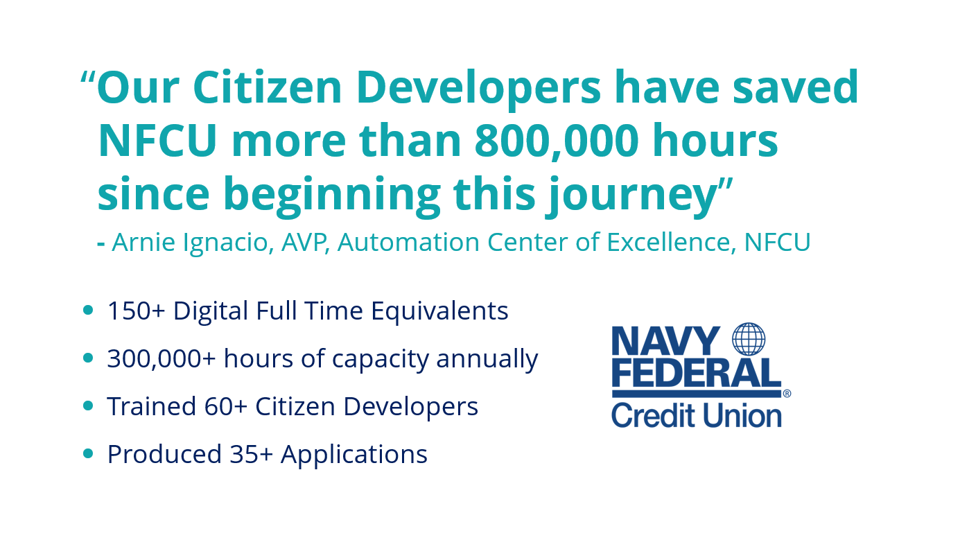 Navy Federal Credit Union have saved over 800,000 hours with their Citizen Development program!
