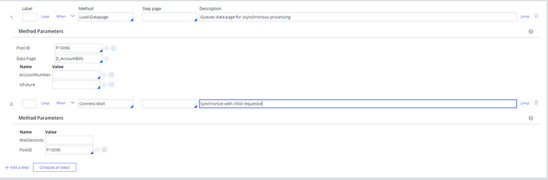 An asynchronous activity configuration using the Load-DataPage and Connect-Wait methods.