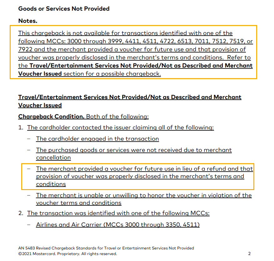 AN 5483: Revised Chargeback Standards for Travel or Entertainment Services Not Provided