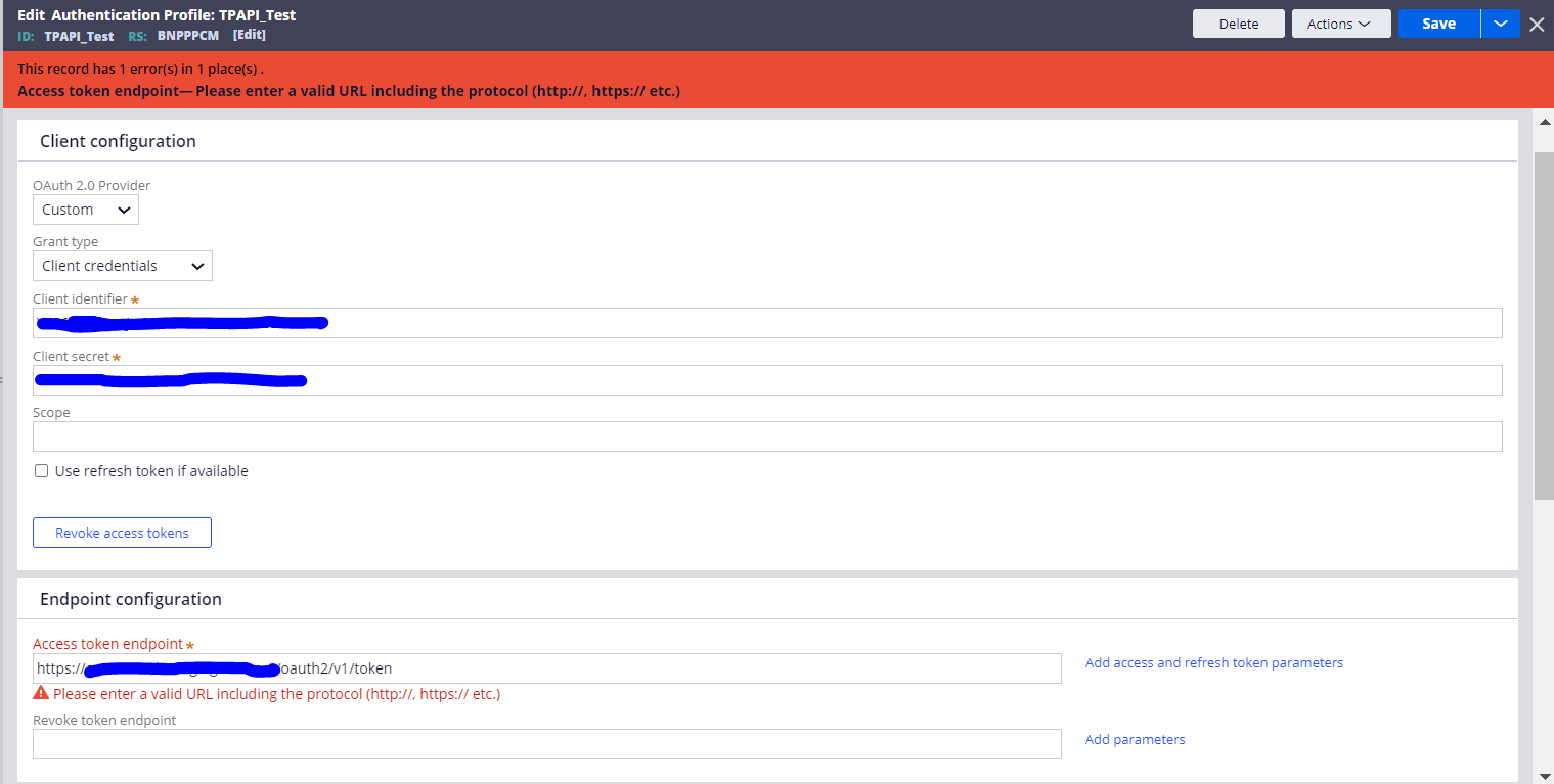 access token endpoint error message