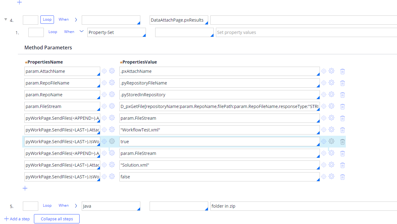 Looped through the attachments ran Java step which is supposed to generate the zip file.