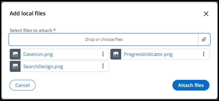 The add local files dialog has three files uploaded and displayed below the Select files button