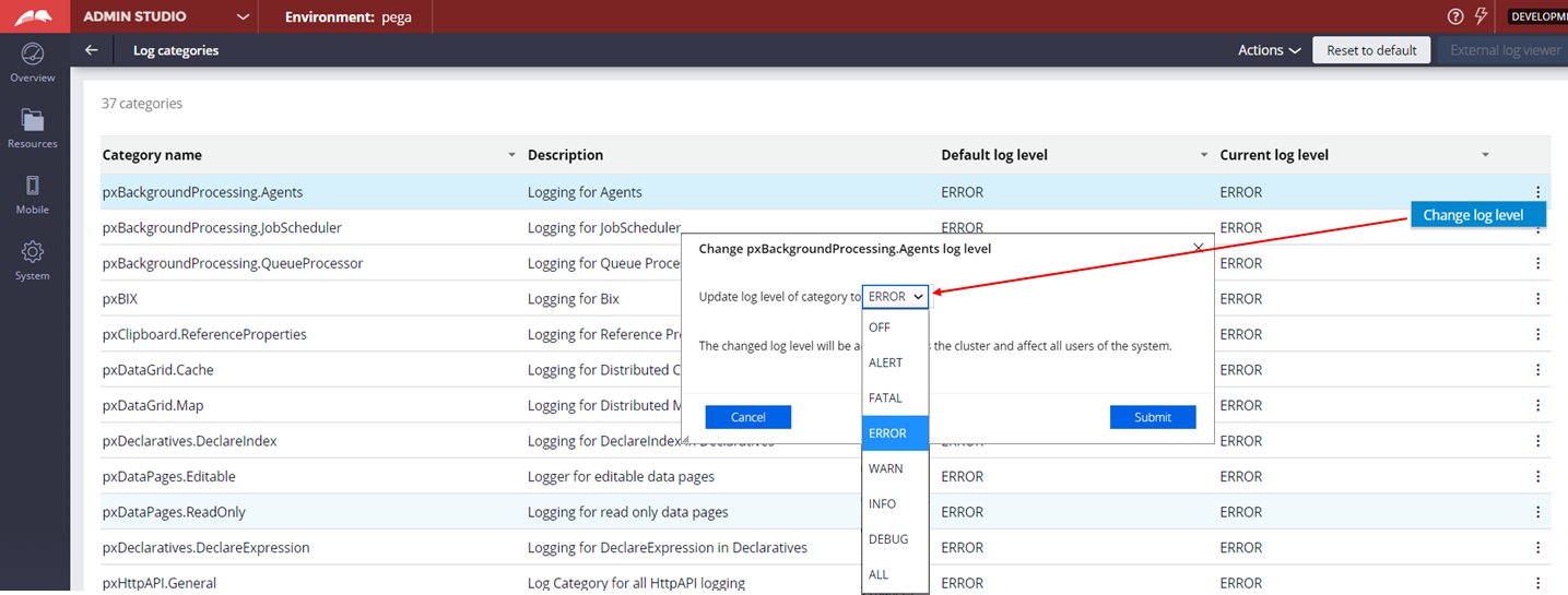 Admin Studio Log Categories