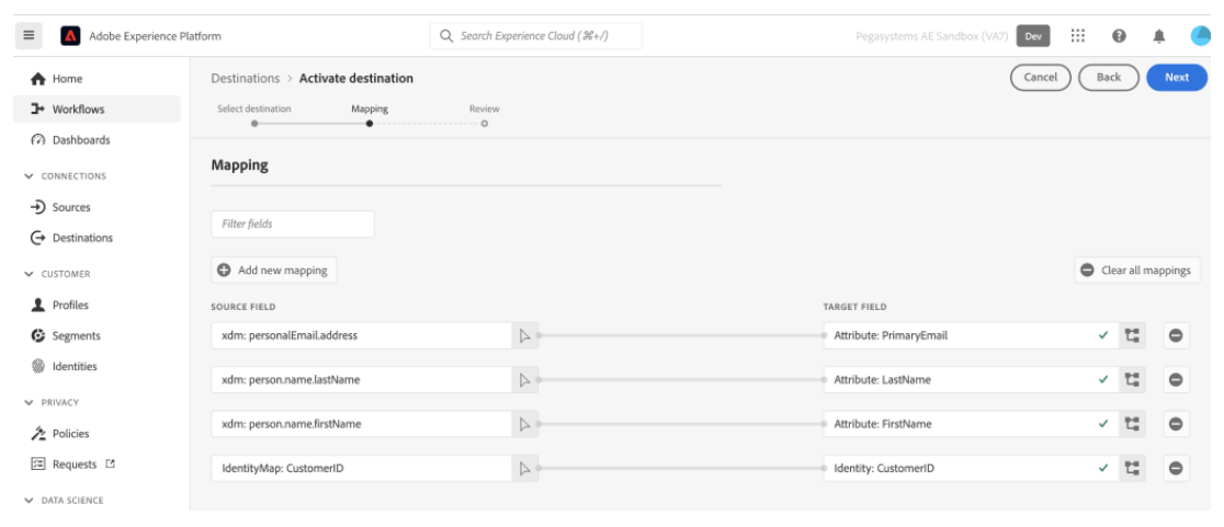 This is an example of the Adobe mapping source to target screen