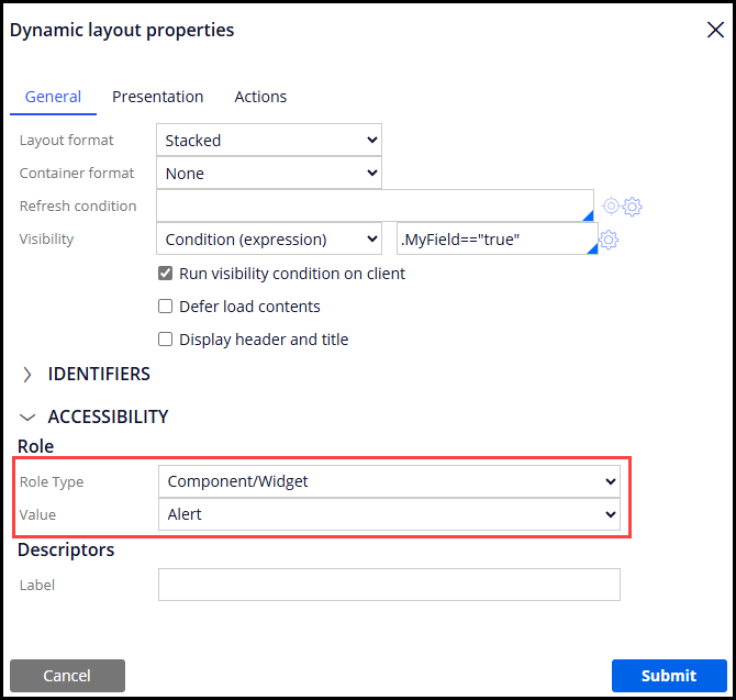 A role of alert is configured on a dynamic layout in a section rule