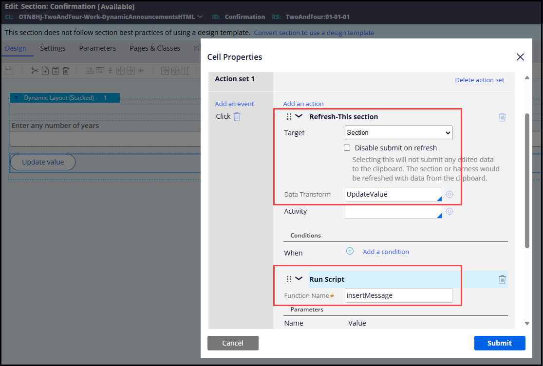 The configuration of a button that will refresh the section and apply a data transform to update the user's input