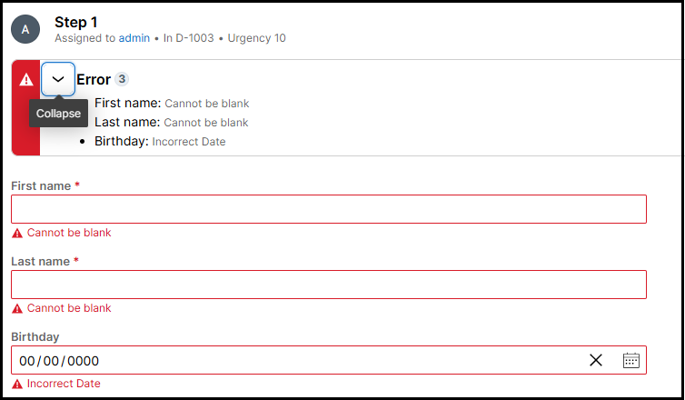 Server-side validation introducing an error banner at the top of the form, containing three errors