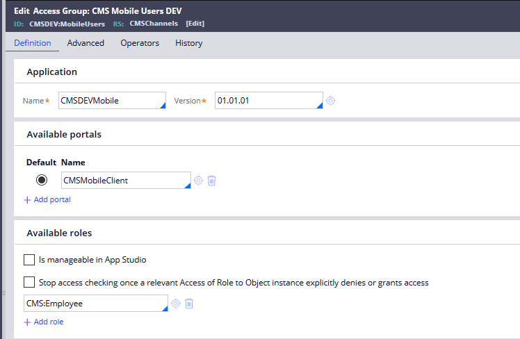 Figure 7: Access group corresponding to CMS Mobile Users Dev role.