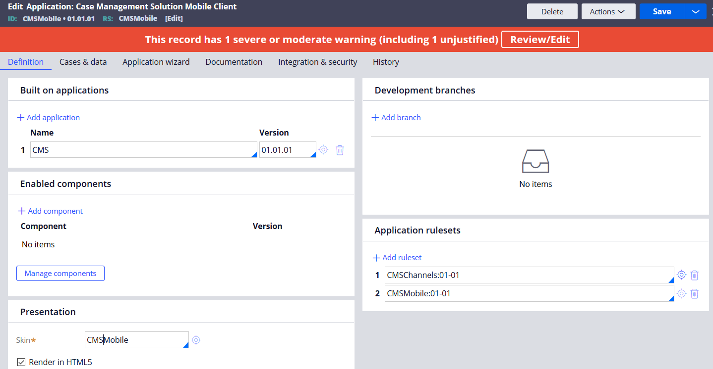 Figure 6: Production application rule for CMS mobile.