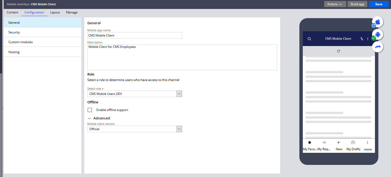 Figure 7:  Configuring role for mobile app.