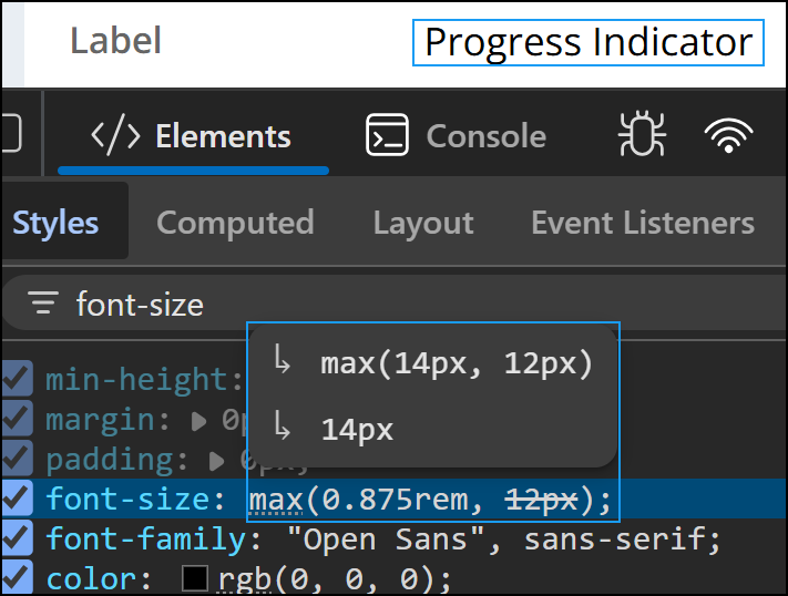 the max CSS function contains a rem value and a pixel value, with the rem value being larger and therefore taking effect.
