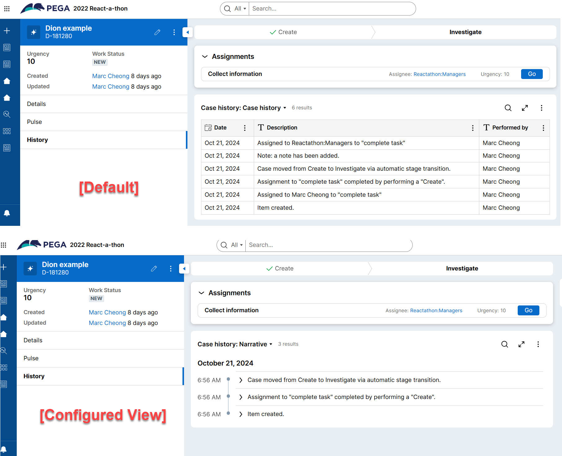 Case History (OOTB) and a Configured "narrative" View