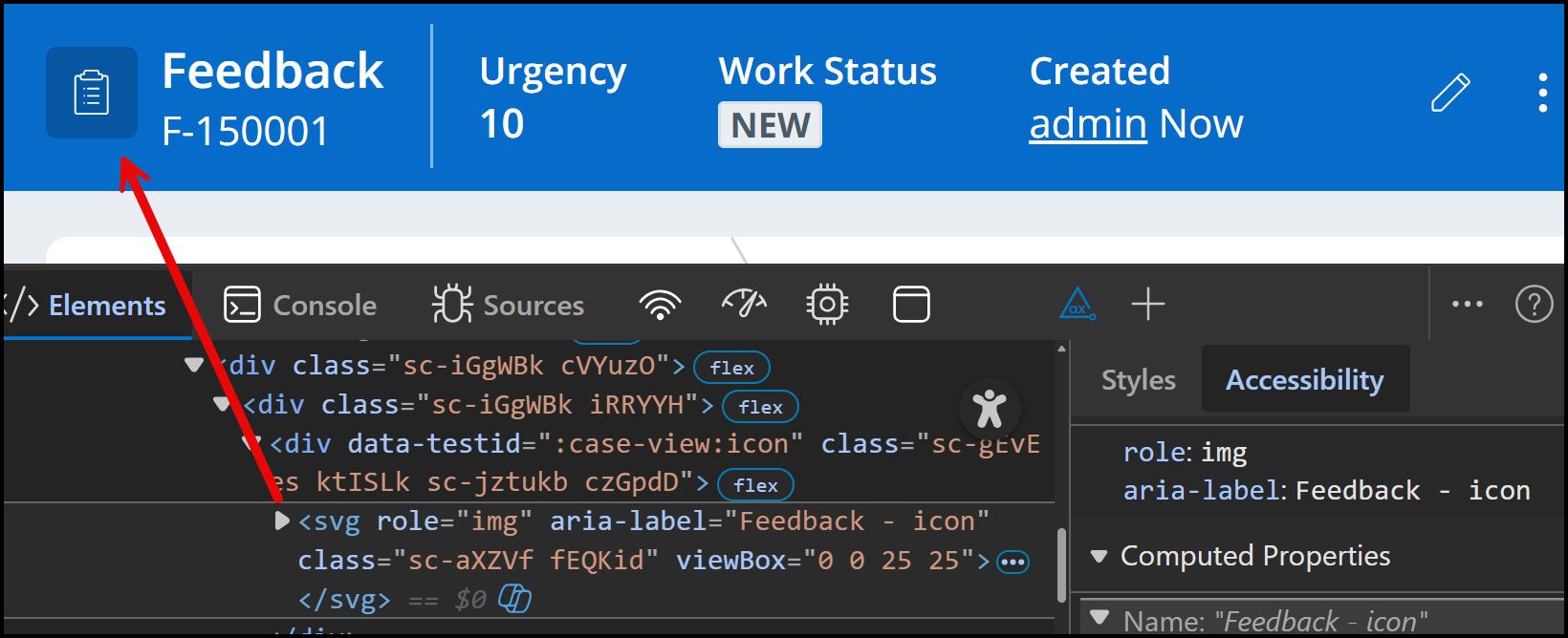 A case icon of a clipboard adjacent to the heading level 1 "Feedback", which is the name of the case being viewed.