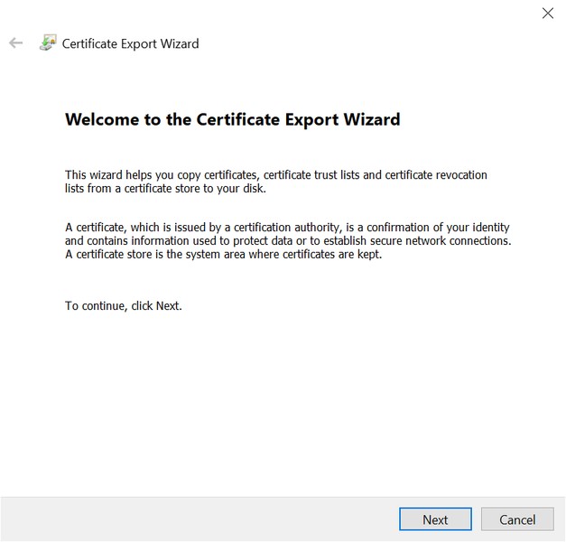 Certificate export wizard