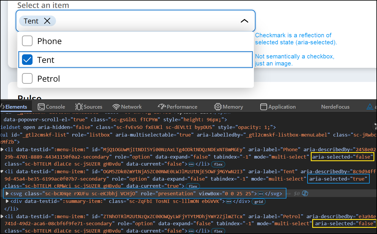 A multiselectable listbox has 1 option selected and 2 unselected. The markup is shown highlighting the difference in aria-selected attribute values.