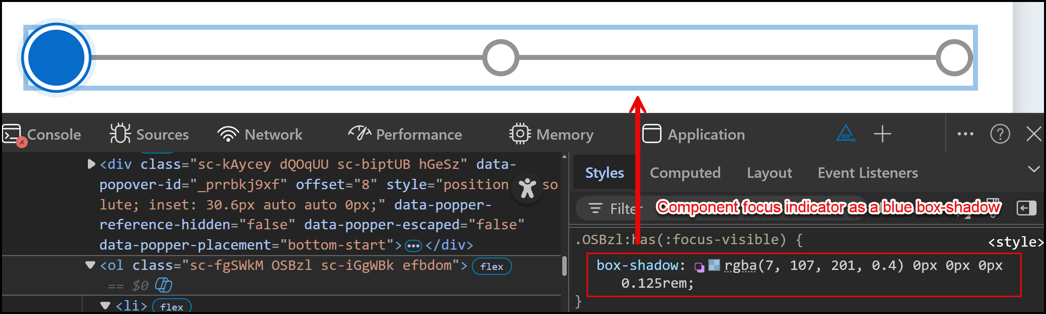 Light blue focus indicator around the entire progress indicator component, along with the box-shadow style shown