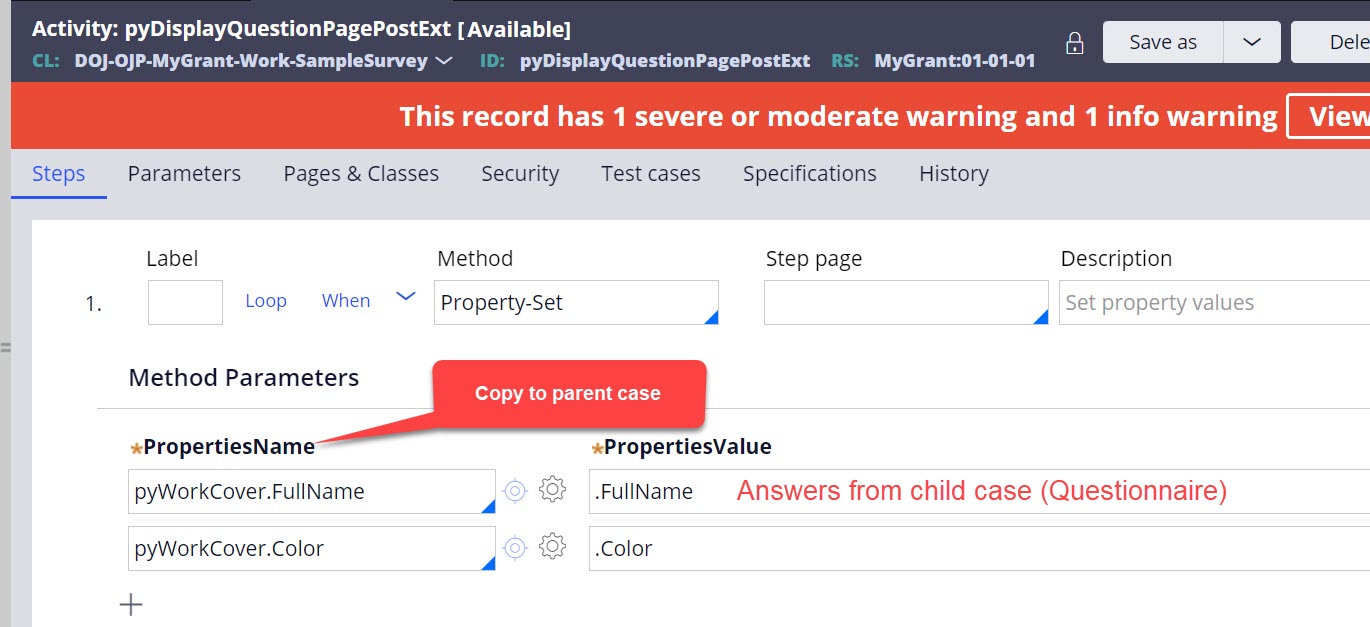 Copy answers from child to parent case