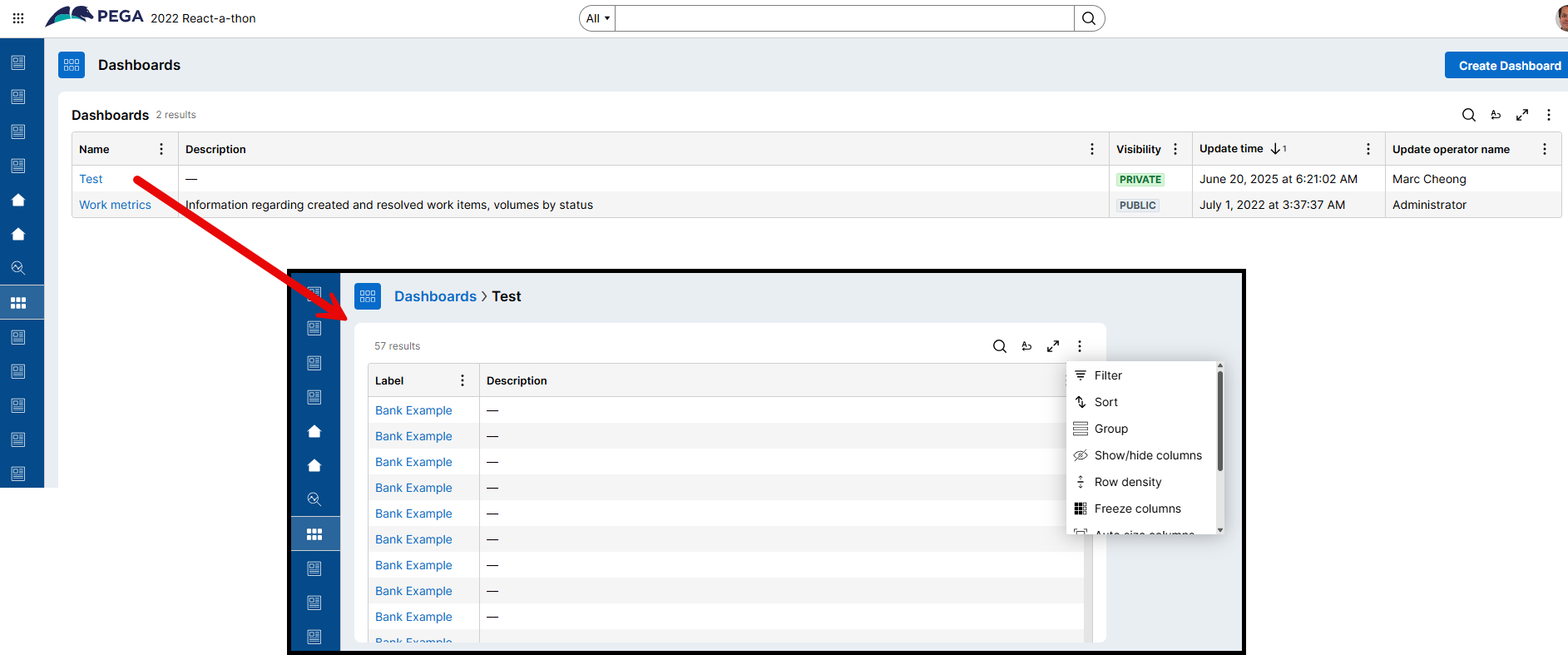 Dashboard and tables example