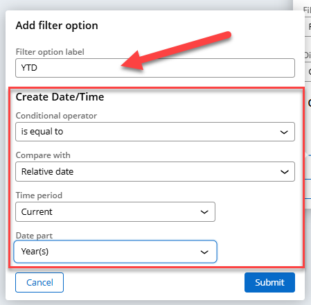 Defining parameters for promoted filter