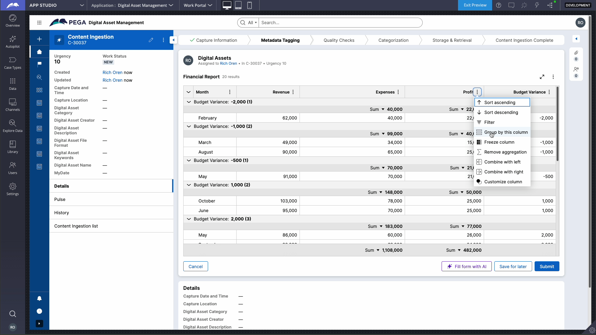 Figure 3 - Using the Action Menu on the column header to choose the Group option