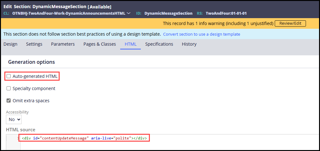 A div element in a non-autogenerated section with a unique id attribute and the aria-live attribute