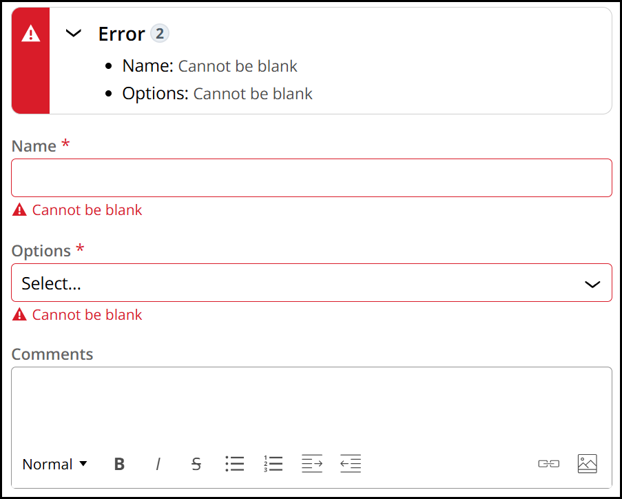 The validation error banner is expanded and shows details of each field found to have an error
