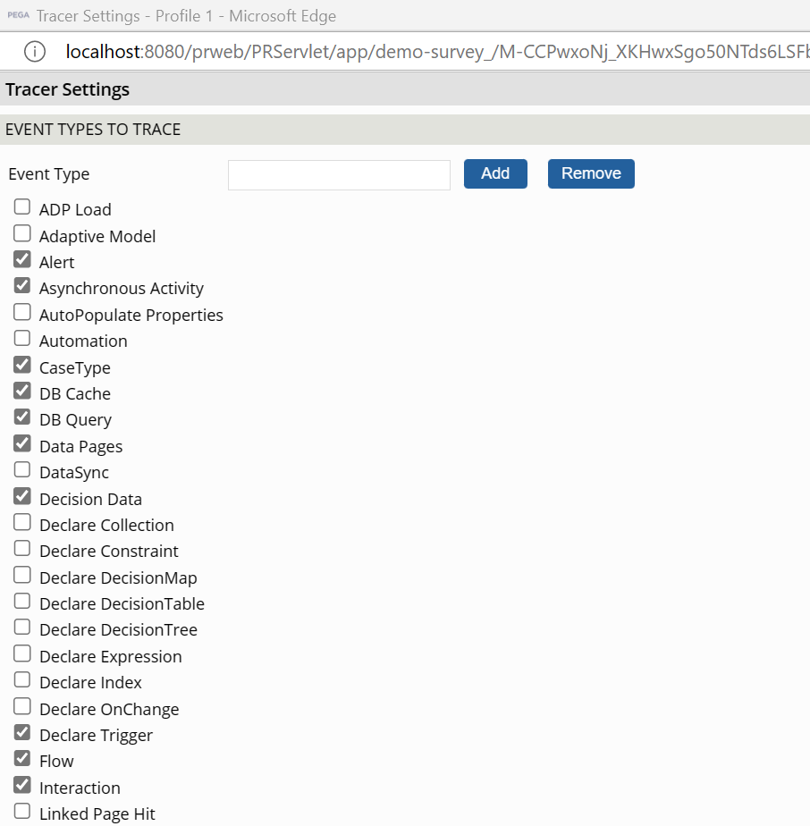 Event types to trace options in tracer settings