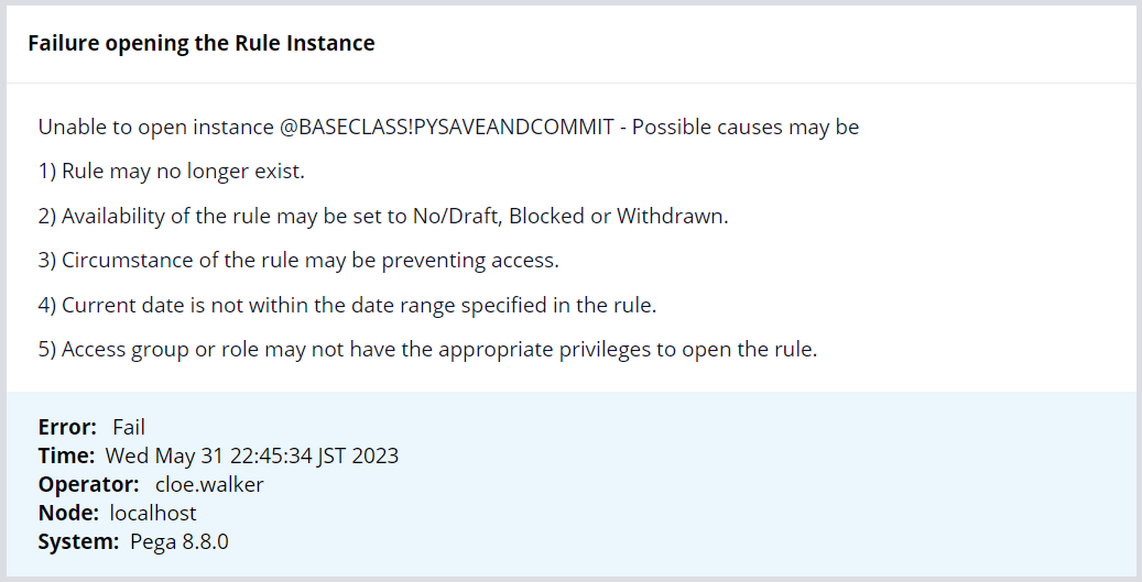 Failure opening the rule instance